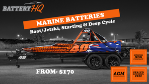 Marine batteries for your boat or jetski. Lead acid, AGM, Lithium, Starting or deep cycle batteries available from Battery HQ. Free delivery to Brisbane.